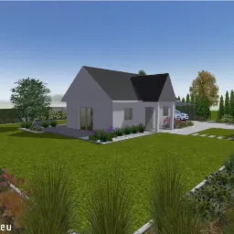 Wizualizacja 3D ogrodu z nowoczesnym domem, trawnikiem, rabatami kwiatowymi i podjazdem z kostki, widok z perspektywy niskiego kąta, logo firmy w lewym dolnym rogu.