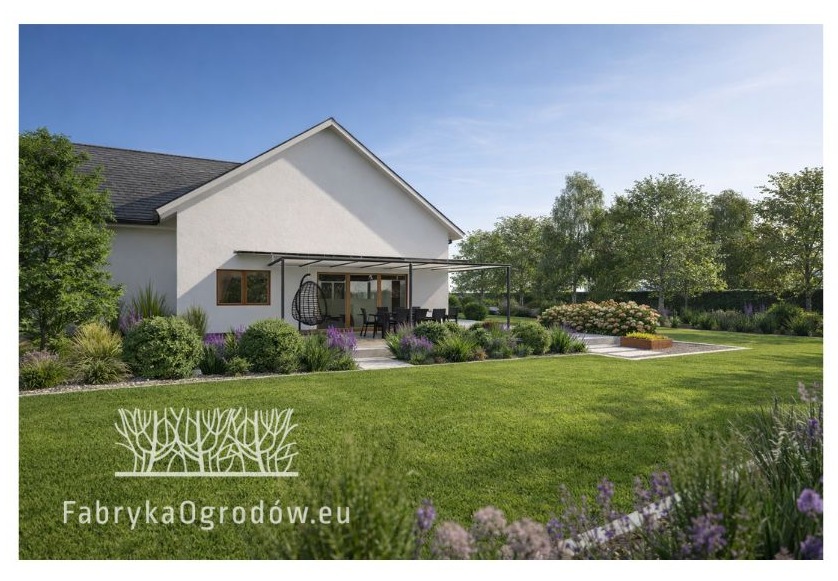 Nowoczesny ogród przydomowy z równo przystrzyżonym trawnikiem, rabatami kwiatowymi i minimalistyczną pergolą przy białym domu. W tle drzewa i błękitne niebo.