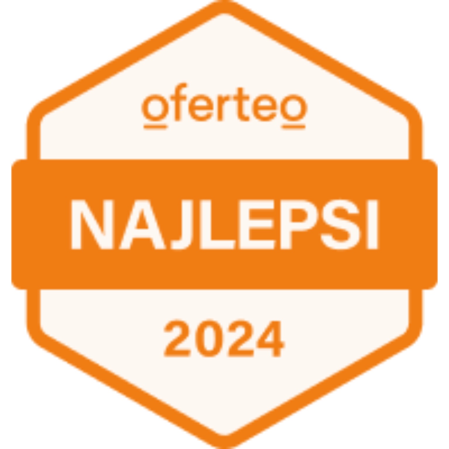 Pomarańczowy emblemat Oferteo z napisem 'NAJLEPSI 2024' na białym tle.
