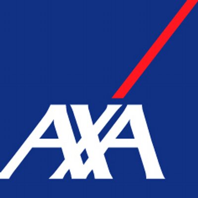 Logo AXA na granatowym tle z czerwoną kreską przecinającą górną część litery A.