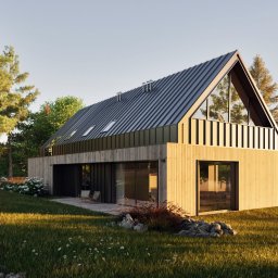 K2 Koncept - Wizualizacja nowoczesnego domu jednorodzinnego z drewnianą elewacją, metalowym dachem dwuspadowym i dużymi przeszkleniami, otoczonego zielenią w słoneczny dzień.