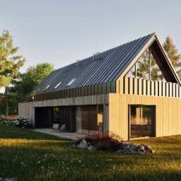 Wizualizacja nowoczesnego domu jednorodzinnego z drewnianą elewacją, metalowym dachem dwuspadowym i dużymi przeszkleniami, otoczonego zielenią w słoneczny dzień.