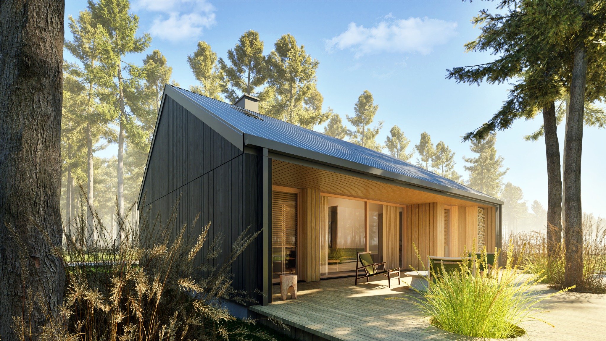 Wizualizacja nowoczesnego domku letniskowego z ciemną, drewnianą elewacją i metalowym dachem, otoczonego lasem iglastym, z drewnianym tarasem i minimalistycznymi meblami ogrodowymi.