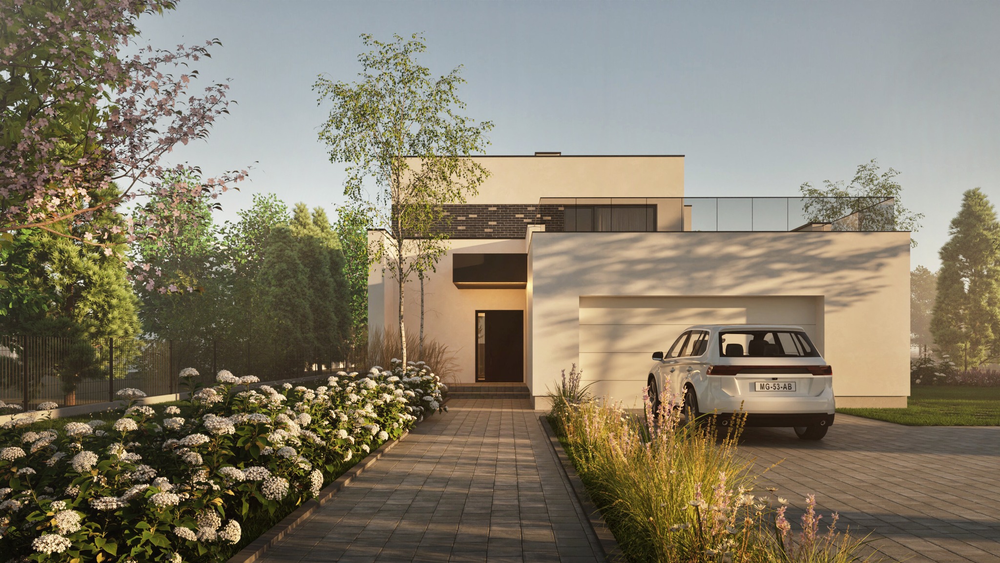 Wizualizacja nowoczesnego, dwukondygnacyjnego domu z płaskim dachem, garażem i białym SUVem na podjeździe z kostki brukowej, otoczonego zielenią i kwitnącymi krzewami.
