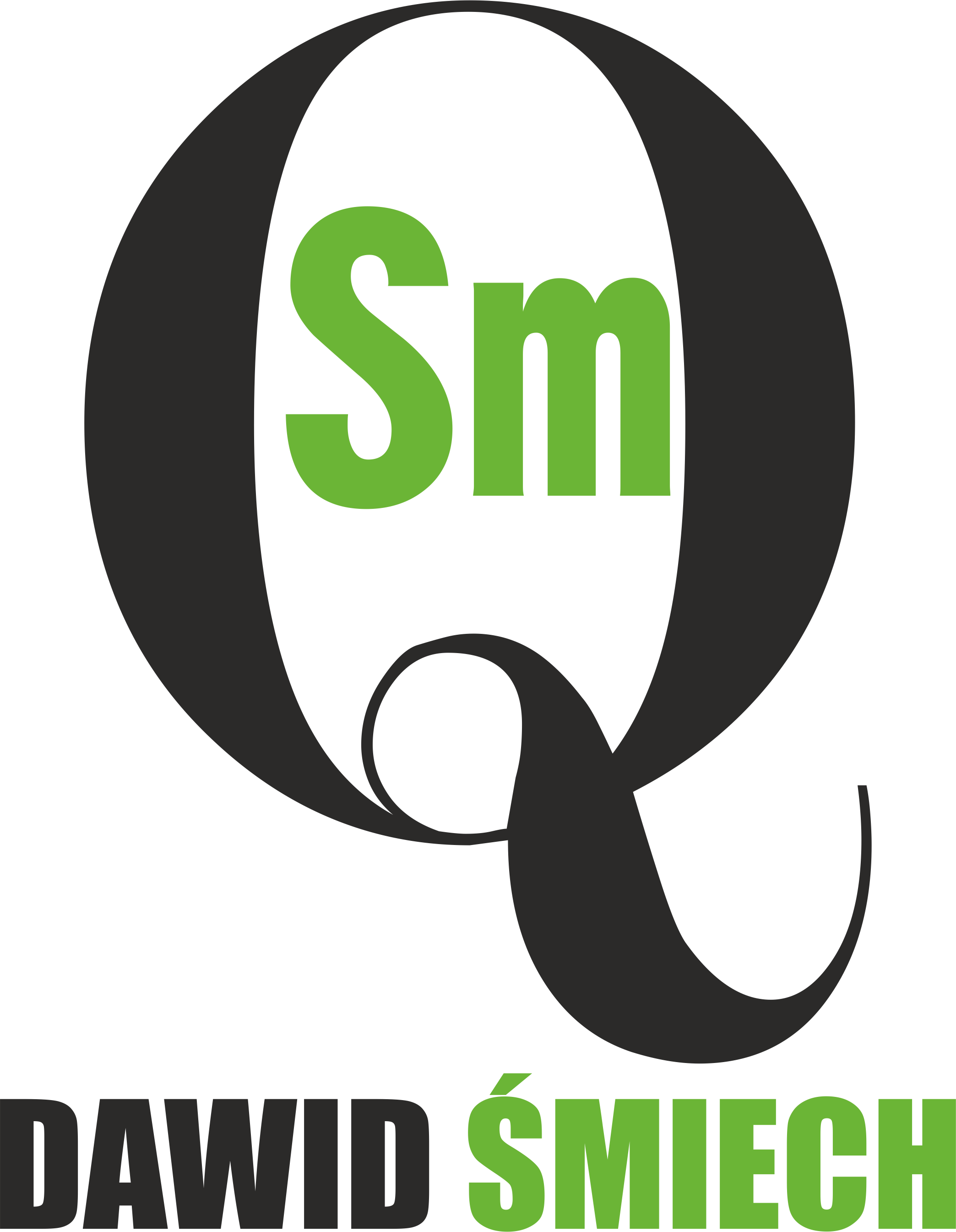 Logo firmy Dawid Śmiech z zielonym napisem Sm wewnątrz szarej litery Q na czarnym tle.