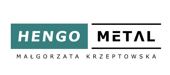 Logo firmy Hengo Metal Małgorzata Krzeptowska, z zielonym prostokątem po lewej i napisem Metal w czarnej ramce po prawej.