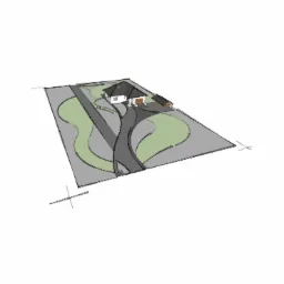 Szkic koncepcyjny zagospodarowania terenu wokół domu z podjazdem, trawnikiem i wiatą samochodową, widok z góry.