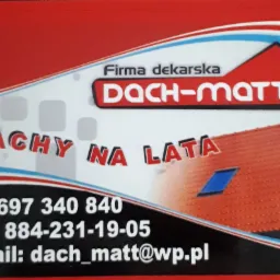 Wizytówka firmy dekarskiej Dach-Matt z grafiką dachu i danymi kontaktowymi: numer telefonu, NIP, adres e-mail.