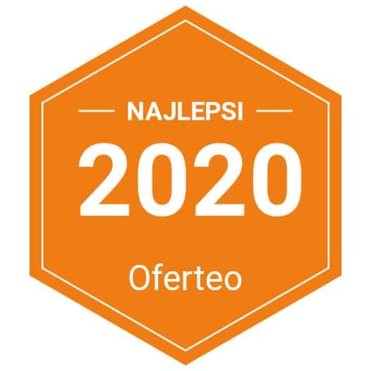 Pomarańczowa odznaka Oferteo 'Najlepsi 2020' z białym tekstem, symbolizująca nagrodę dla firmy.