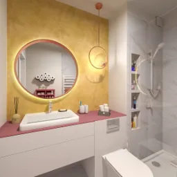 Nowoczesna łazienka z okrągłym lustrem podświetlanym LED, umywalką na blacie w kolorze fuksji, kabiną prysznicową z marmurowymi płytkami i dekoracyjnym oświetleniem wiszącym.