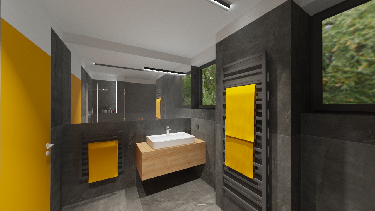 Wizualizacja nowoczesnej łazienki z szarymi płytkami imitującymi kamień, drewnianą szafką pod umywalką i żółtymi akcentami na ścianie i ręcznikach.
