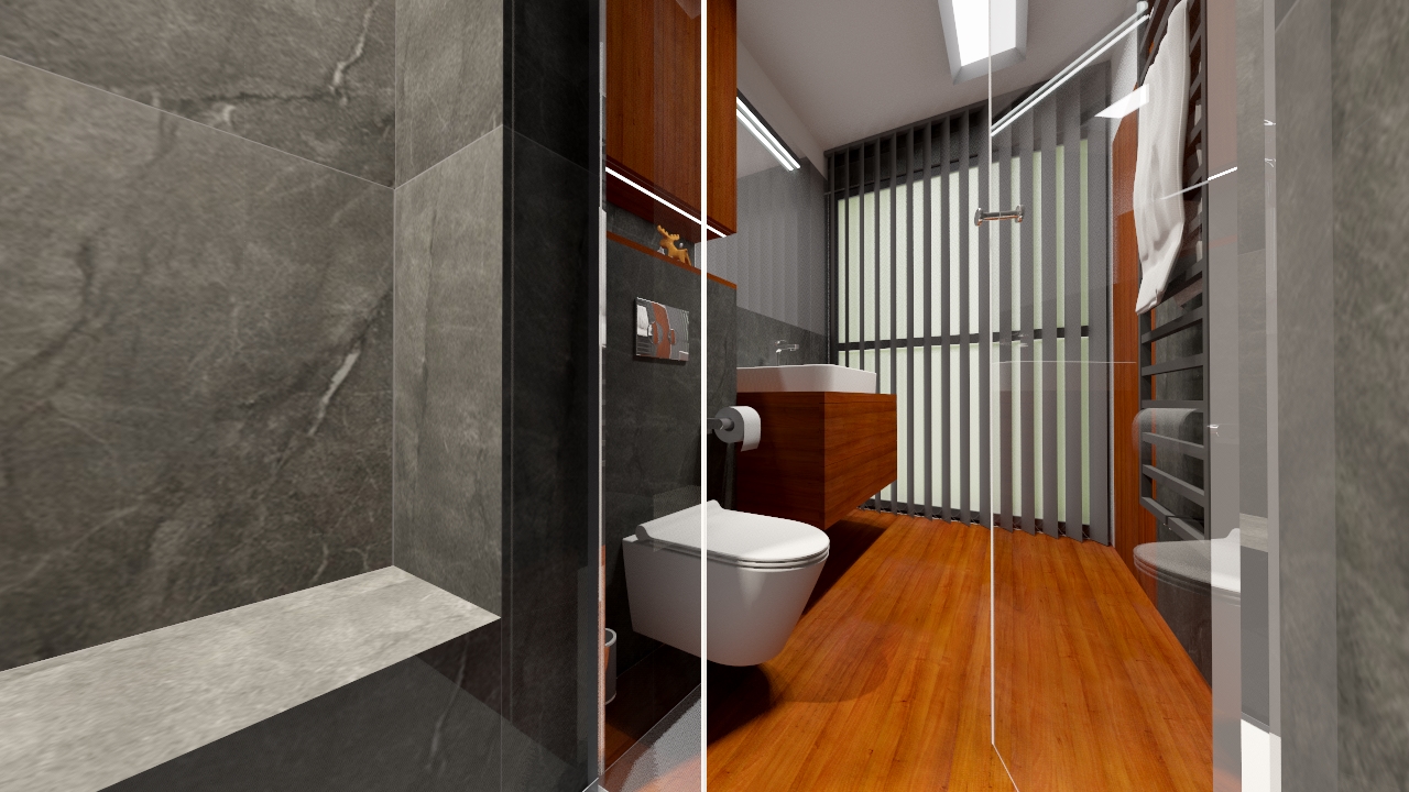 Wizualizacja nowoczesnej łazienki z drewnianą podłogą, szarymi płytkami imitującymi marmur na ścianach, wiszącą toaletą i umywalką na drewnianej szafce, widok przez szklaną kabinę prysznicową.