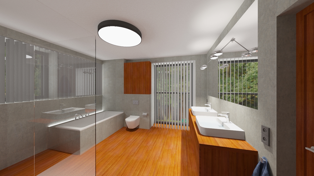 Wizualizacja przestronnej łazienki z drewnianą podłogą, dwiema umywalkami na drewnianym blacie, wanną z podświetleniem LED, toaletą, szafką wiszącą i oknem z żaluzjami pionowymi.