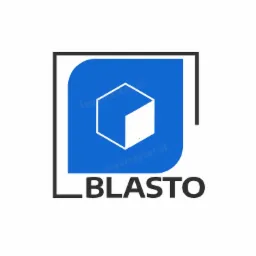 Logo firmy z nazwą 'BLASTO', przedstawiające biały kontur sześcianu na niebieskim tle, otoczone czarną ramką.