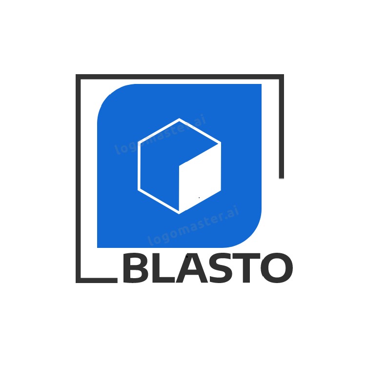 Logo firmy z nazwą 'BLASTO', przedstawiające biały kontur sześcianu na niebieskim tle, otoczone czarną ramką.