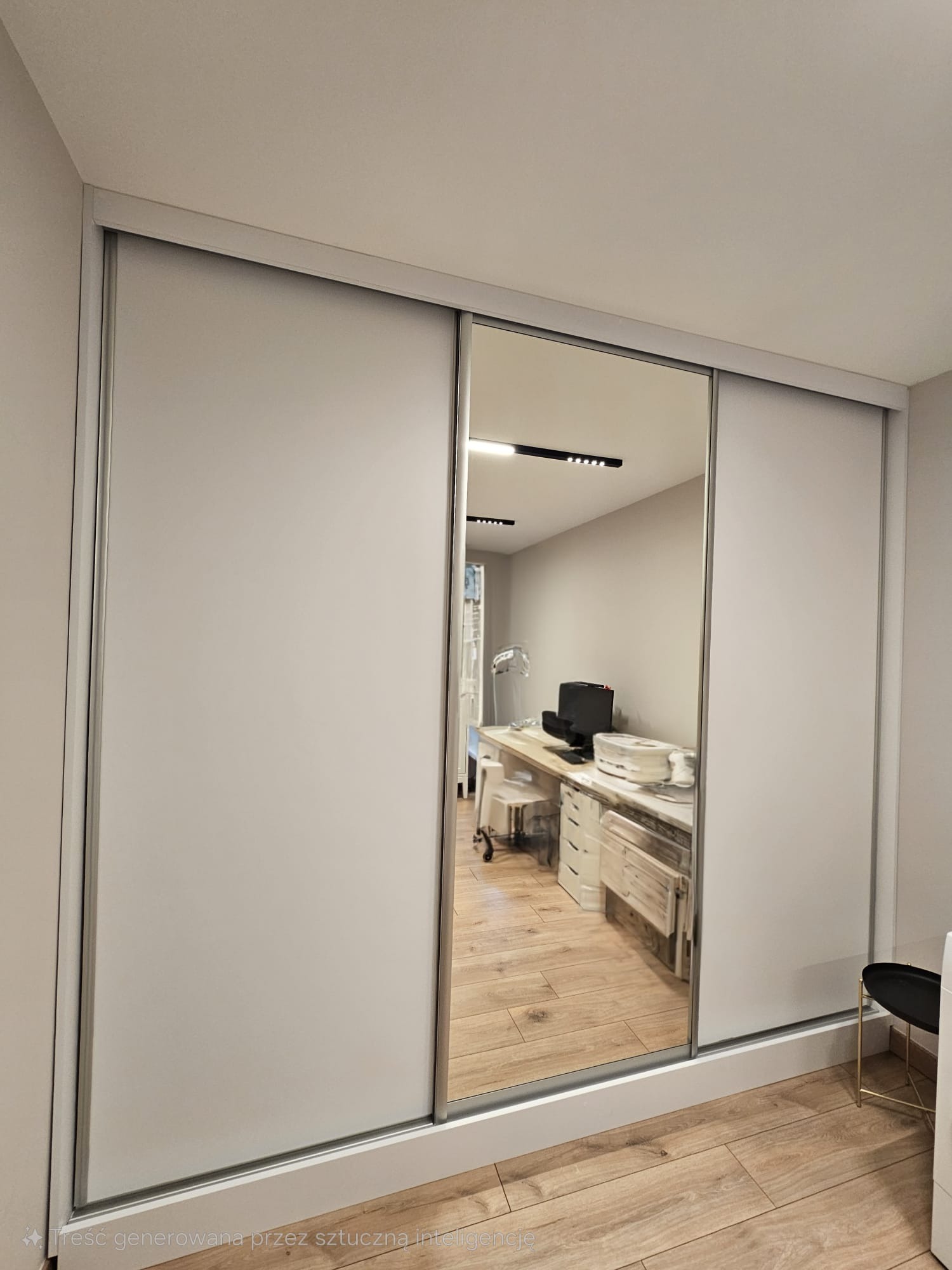 Biała szafa przesuwna z lustrem, w którym odbija się jasne wnętrze gabinetu z biurkiem, krzesłem i oświetleniem punktowym.