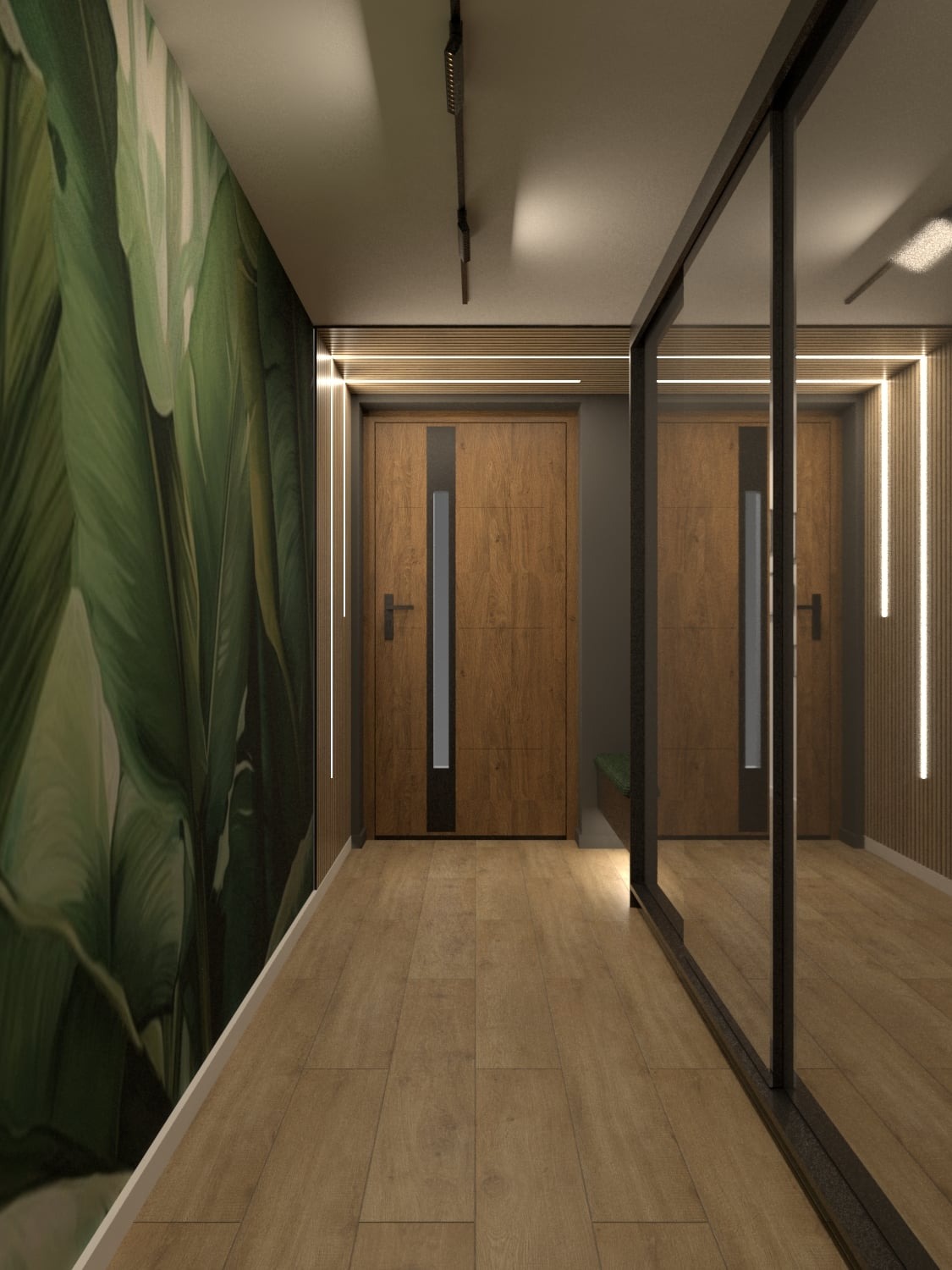 Nowoczesny przedpokój z drewnianą podłogą, ścianą z motywem liści, drewnianymi drzwiami z pionowym przeszkleniem i przesuwną szafą z lustrzanymi drzwiami.