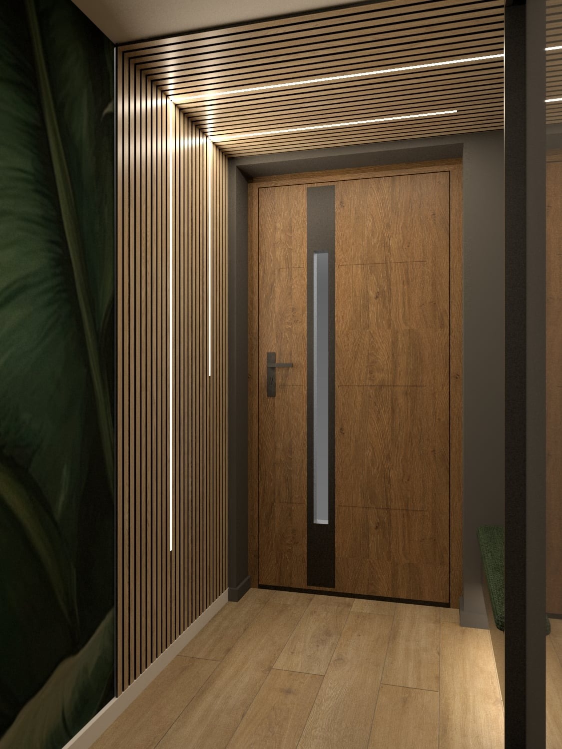 Nowoczesne wejście do domu z drewnianymi panelami ściennymi z oświetleniem LED, drewnianą podłogą i drzwiami z przeszkleniem.