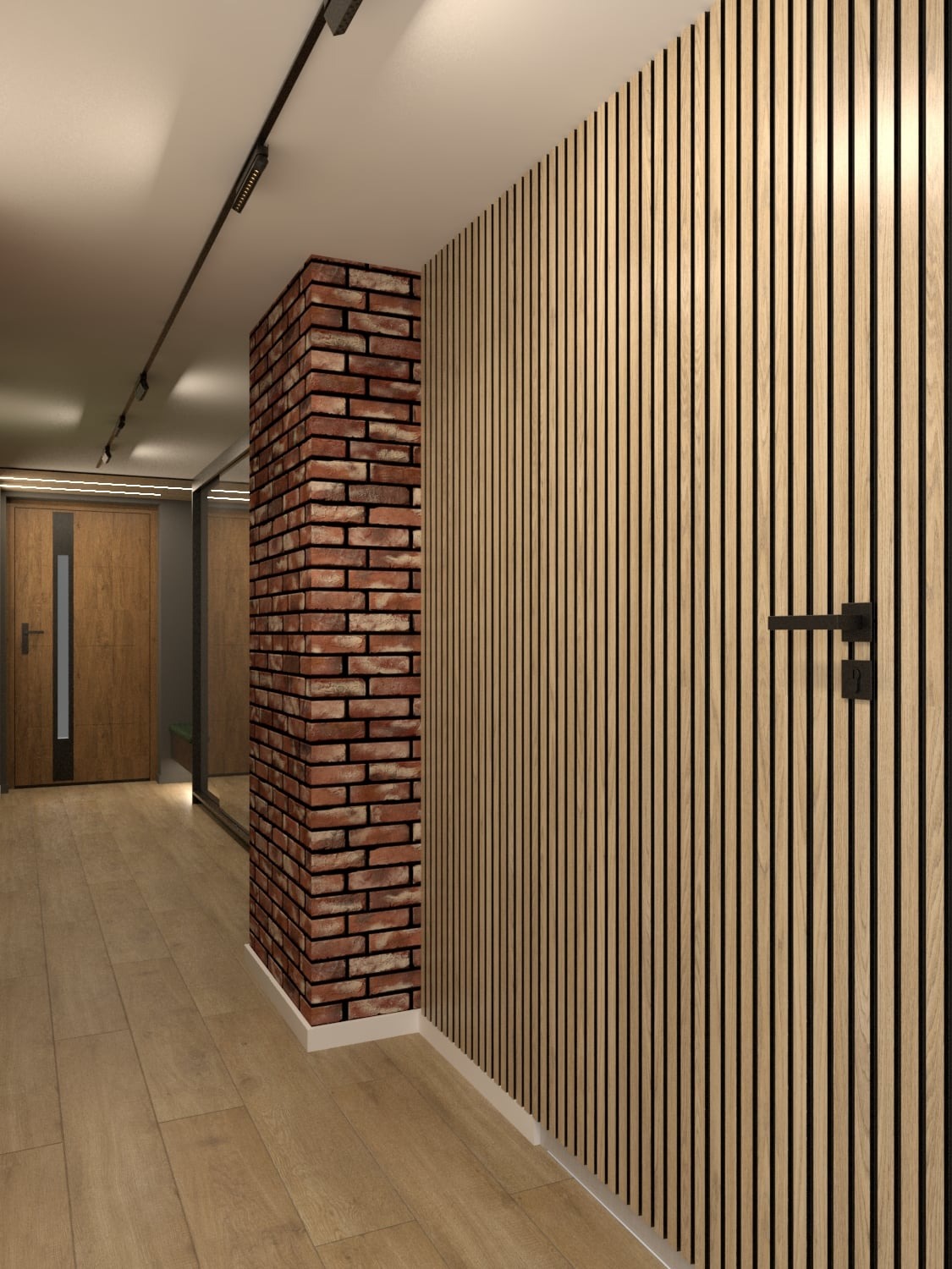 Nowoczesny przedpokój z akcentem ceglanej kolumny i drewnianej ściany z pionowych paneli, oświetlenie punktowe na suficie, drewniana podłoga.