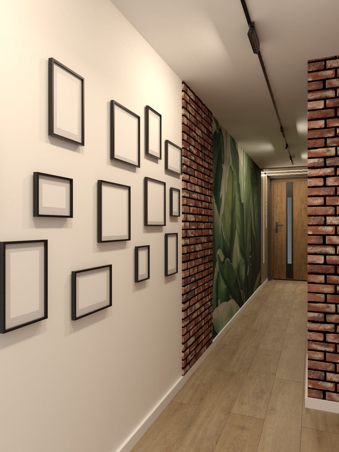 Korytarz z drewnianą podłogą, ścianą z cegły i tapetą z motywem roślinnym; na białej ścianie galeria pustych, czarnych ramek.