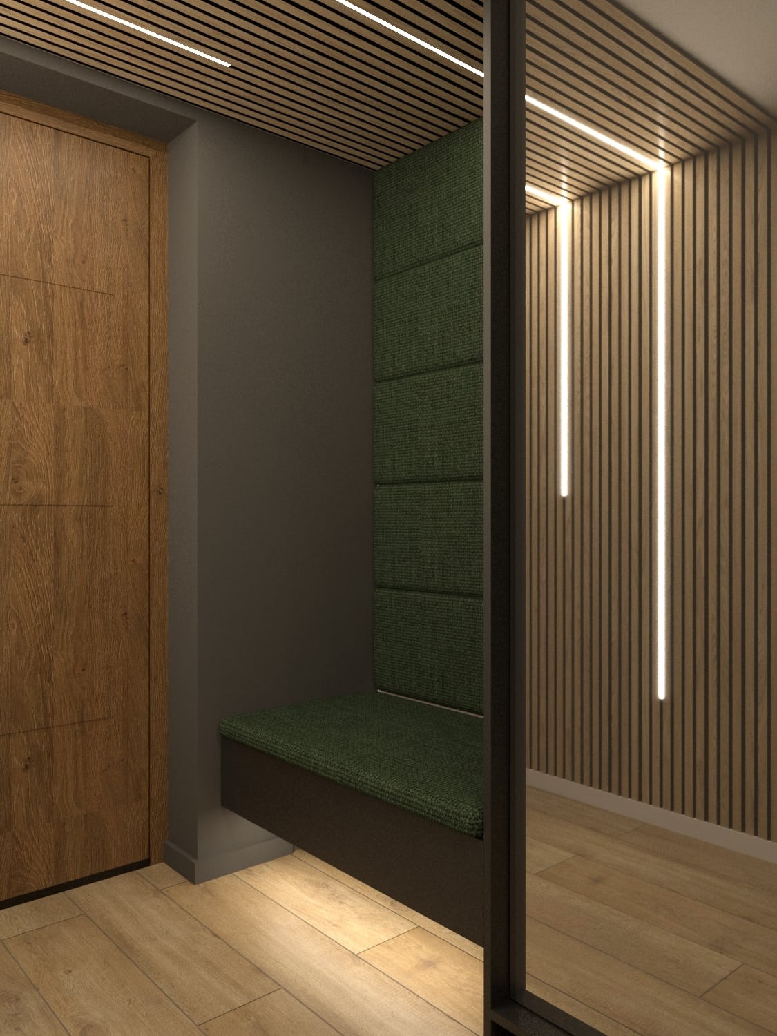 Wnęka z siedziskiem obitym zieloną tkaniną, z pionowymi panelami tapicerowanymi, wkomponowana w korytarz z drewnianą podłogą i lamelami ściennymi z oświetleniem LED.