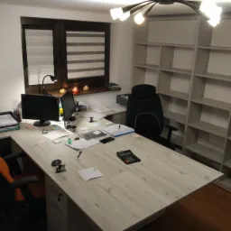 Biuro domowe z dużym biurkiem o drewnianej fakturze, dwoma monitorami, lampką, organizerem na biurko, kalkulatorem i regałem na książki w tle.