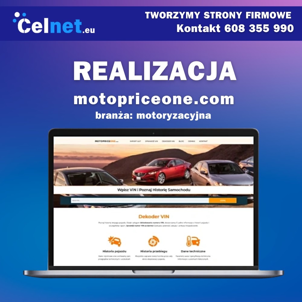 Laptop wyświetlający stronę internetową motopriceone.com z samochodami w tle, informacja o realizacji strony, niebieskie tło z logiem Celnet.eu i numerem telefonu.