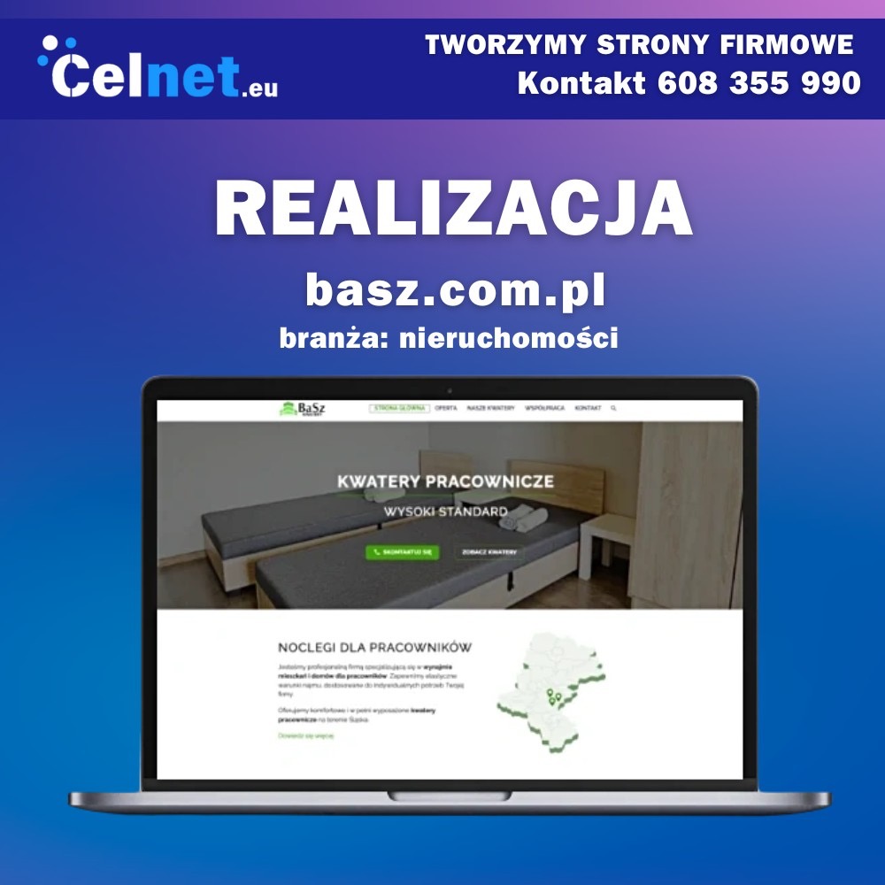 Laptop wyświetlający stronę internetową basz.com.pl z ofertą kwater pracowniczych, z napisem 'Realizacja' na górze zdjęcia.