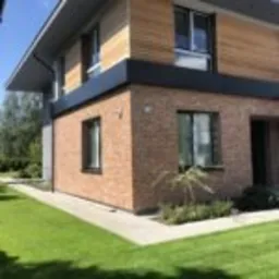 Elewacja dwukondygnacyjnego domu z cegły klinkierowej i drewnianą okładziną, z zadbanym trawnikiem i młodym drzewkiem na pierwszym planie, w słoneczny dzień.