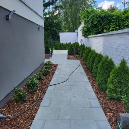 ARBUD Artur Buza - Ścieżka z szarych płyt prowadząca wzdłuż domu i muru, z rabatami wysypanymi korą i obsadzonymi roślinami. Widoczne oświetlenie elewacyjne i fragment nieba.