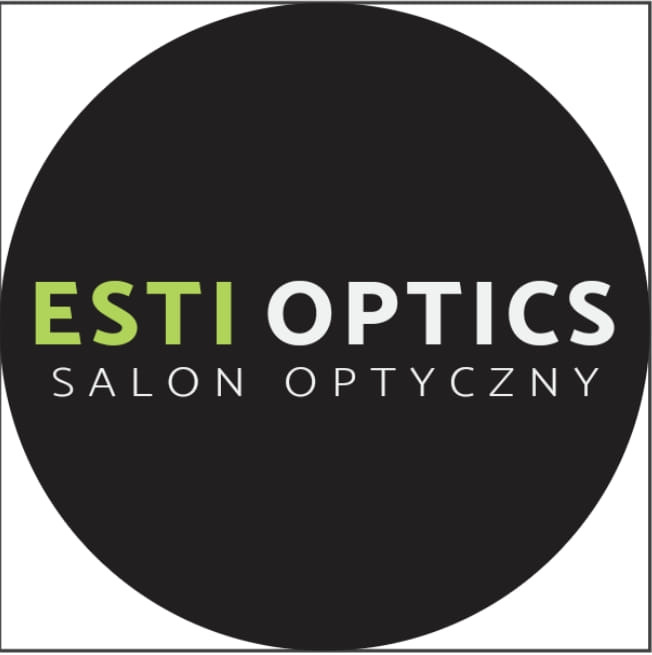 Logo salonu optycznego ESTI OPTICS na czarnym okręgu z zielonym akcentem w nazwie.
