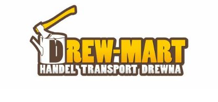 Logo firmy Drew-Mart: Stylizowany pniak z siekierą, napis 'Drew-Mart Handel Transport Drewna' w kolorze żółto-brązowym.