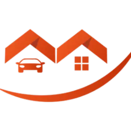 Pomarańczowe logo przedstawiające uproszczony kształt domu z dachem, w którym po lewej stronie znajduje się sylwetka samochodu, a po prawej okno; pod domem widoczny jest łuk.