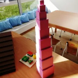 Różowa wieża z drewnianych sześcianów o różnej wielkości, ułożona w piramidę, obok drewniane zabawki edukacyjne na stole w jasnym pomieszczeniu z siedziskami przy oknie.