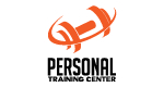 Pomarańczowe logo z hantlą w kształcie litery 'P' i napisem 'PERSONAL TRAINING CENTER' na białym tle.