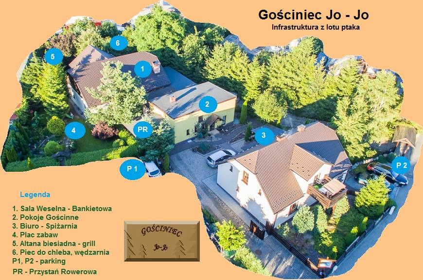 Widok z lotu ptaka na kompleks budynków Gościńca Jo-Jo z zaznaczonymi numerami: sala weselna, pokoje gościnne, biuro, plac zabaw, altana biesiadna z grillem, piec do chleba i wędzarnia, parking...
