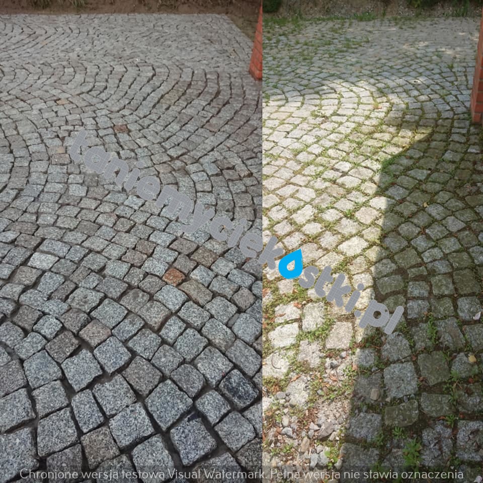 Porównanie: Po lewej kostka brukowa po czyszczeniu, ukazująca odzyskany, naturalny odcień kamienia; po prawej kostka brukowa przed czyszczeniem, porośnięta mchem i zabrudzona.