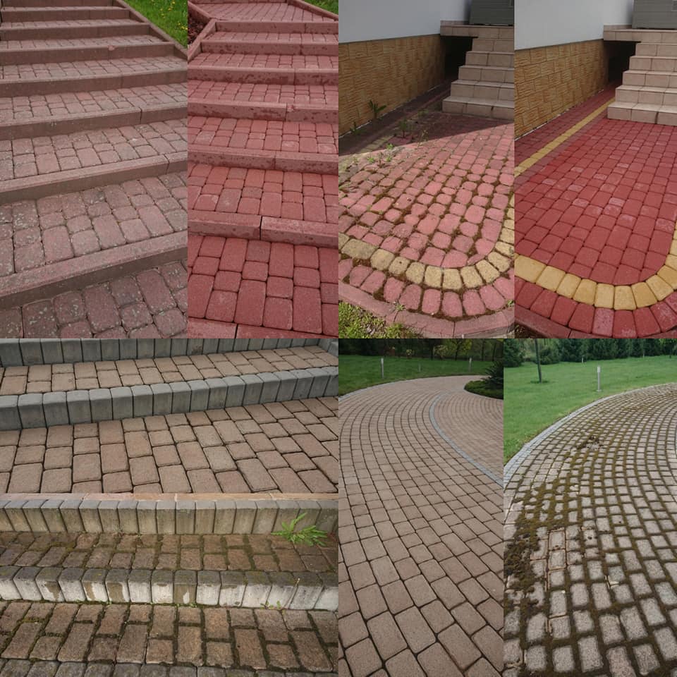 Kompozycja zdjęć przedstawiająca różne aranżacje kostki brukowej: schody, ścieżki i podjazdy, w różnych kolorach i wzorach, niektóre z mchem.