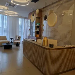 Nowoczesne wnętrze salonu kosmetycznego w Siedlcach: minimalistyczna recepcja z dekoracyjnym wazonem, designerskie oświetlenie i strefa relaksu z sofą i fotelami.