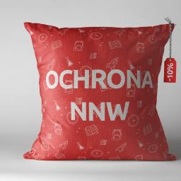 Katarzyna Jońska-Boligłowa - Czerwona poduszka z napisem 'OCHRONA NNW' i ikonami (książki, plecaki, rakiety, zegary, probówki), etykieta z napisem '-10%' przywiązana sznurkiem.