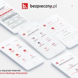 Katarzyna Jońska-Boligłowa - Ekrany smartfonów prezentują interfejs aplikacji Bezpieczny.pl z ofertami ubezpieczeń, w tym podróżnego, NNW dla dzieci, dorosłych i studentów, OC/AC, na życie, z ikonami i opcjami wyboru.