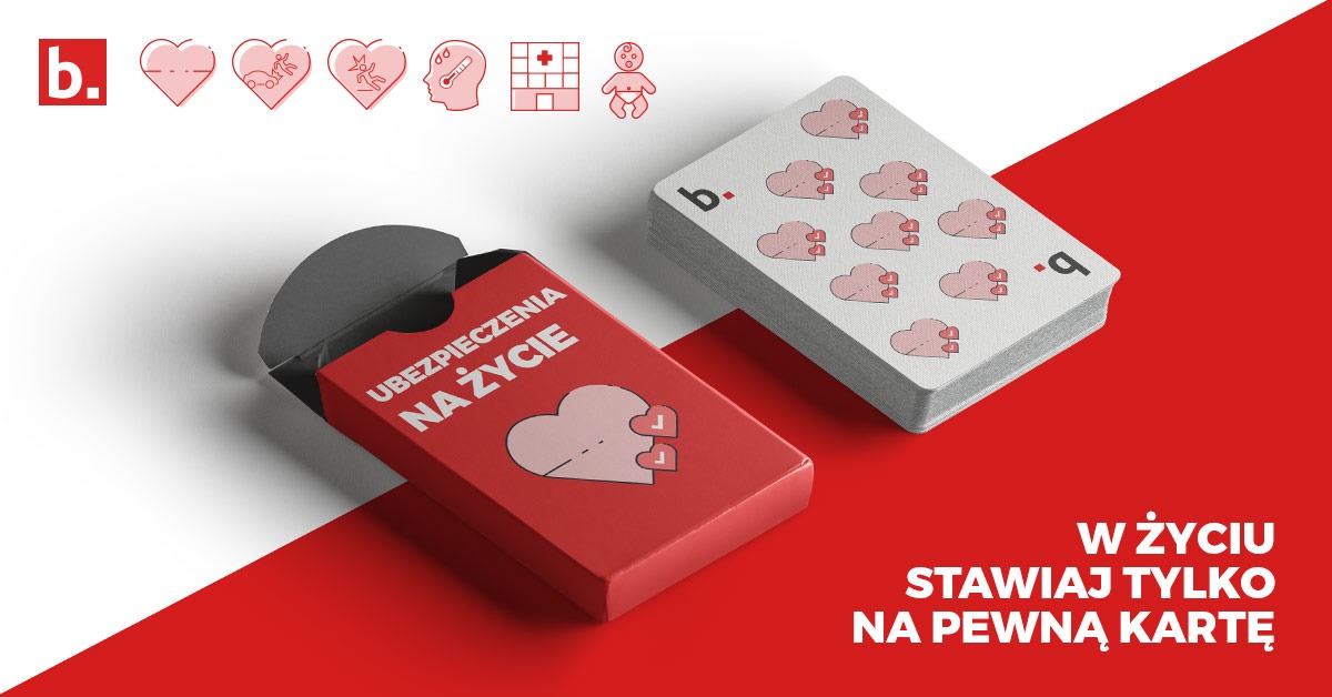 Karty do gry z motywem serc, opakowanie z napisem 'Ubezpieczenia na życie' i hasłem 'W życiu stawiaj tylko na pewną kartę' na czerwono-białym tle.