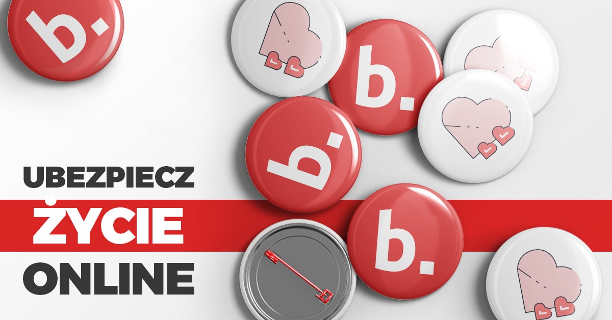Promocja online: przypinki z logo firmy w kolorze czerwonym i białym, obok przypinek z motywem serc, na tle z napisem 'Ubezpiecz Życie Online' oddzielonym czerwonym paskiem.