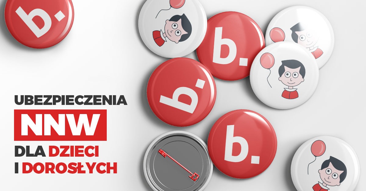 Grafika reklamowa: napisy 'Ubezpieczenia NNW dla dzieci i dorosłych' oraz przypinki z logo firmy i rysunkiem dziecka z balonem.