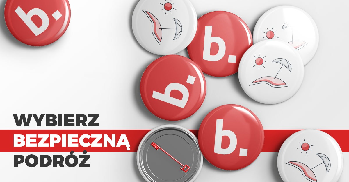 Grafika reklamowa: hasło 'Wybierz bezpieczną podróż' otoczone przypinkami z logo firmy i motywami podróżniczymi, takimi jak plaża z parasolem i samolot.