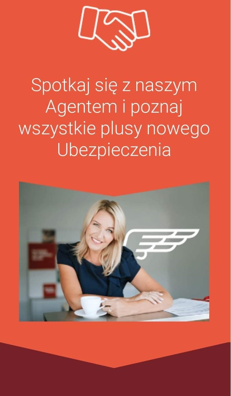 Grafika reklamowa: uśmiechnięta blondynka z filiżanką kawy, zapraszająca do spotkania z agentem i poznania zalet nowego produktu finansowego, logo firmy w tle, pomarańczowo-bordowa kolorystyka.