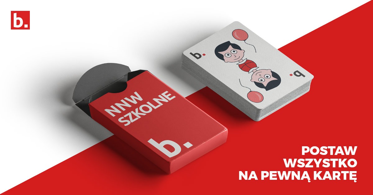 Czerwone pudełko z napisem 'NNW SZKOLNE b.' obok stosu kart z rysunkiem dziecka z balonami, na dwukolorowym czerwono-białym tle.