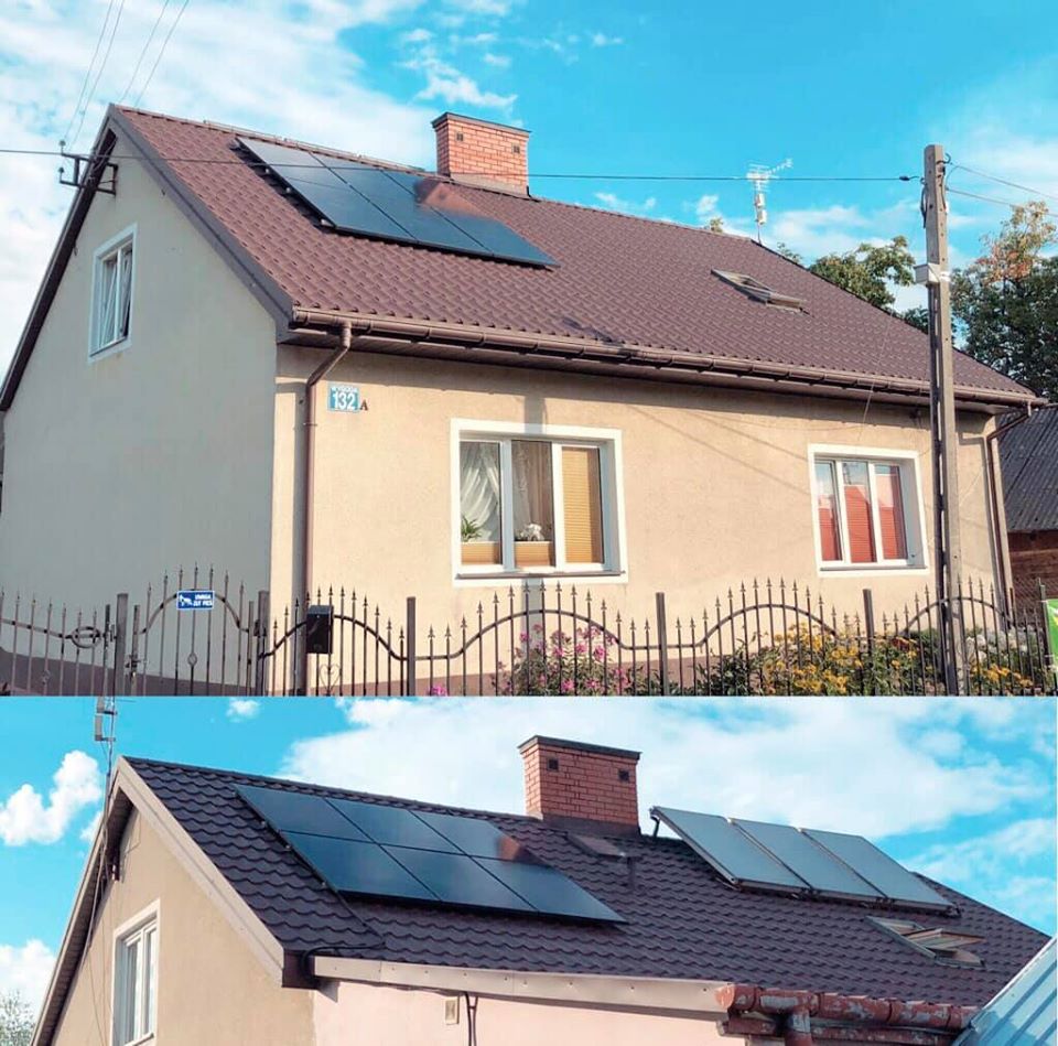 Dwa ujęcia domu jednorodzinnego z panelami słonecznymi na brązowym dachu. Widoczne okna, komin z czerwonej cegły, ogrodzenie z kutego żelaza i błękitne niebo z lekkimi chmurami.
