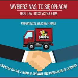 Grafika reklamowa firmy kurierskiej: uścisk dłoni symbolizujący partnerstwo, z ilustracją czerwonej ciężarówki z logo 'pakersi przesyłki kurierskie' na tle hasła 'Wybierz nas, to się opłaca!