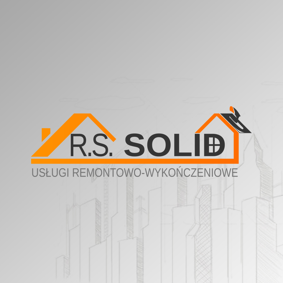 Logo firmy R.S. SOLID świadczącej usługi remontowo-wykończeniowe, z graficznym elementem dachu domu w kolorze pomarańczowym i szarym tle z delikatnym rysunkiem miejskiej zabudowy.